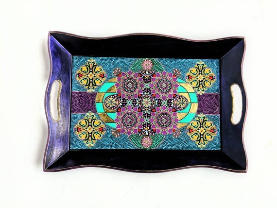 Painted tray Hand painted serving tray dot painting colorful tray upcycled tray art