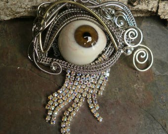 Gothic Steampunk Hazel Brown Prosthetic Eye Pendant with Rhinestones