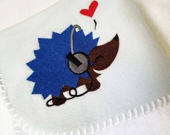Little Rocker Hedgehog Boy Shower Gift Blue Headphones Embroidery Fleece One of a Kind Crib Car Seat