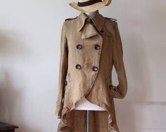 Linen tailcoat, linen jacket beige, avant garde coat, caramel duster, double breasted jacket, romantic coat, lace linen coat, linen tunic