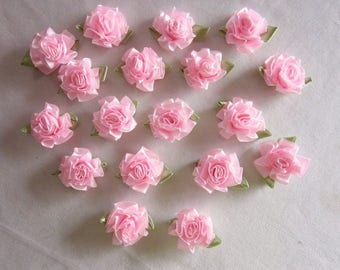 18 pc PINK Rose Satin Ribbon Fabric Flower Applique DIY Bridal Wedding Baby Doll Carnation Cabbage Rose Bow #1 color