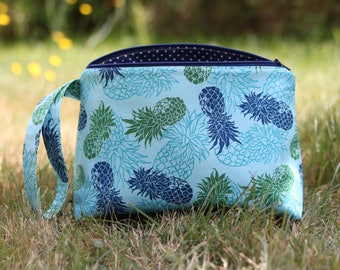 Blue and Green Pineapples Knitting Project Bag - Floral Sock Project Bag - Zippered Project Bag - Crochet Project Bag
