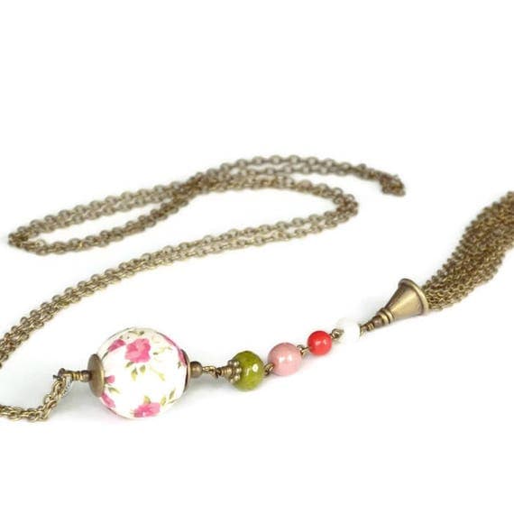 Liberty necklace, Necklace with tassel, Liberty jewelry, Summer necklace, Romantic necklace, Romantic jewelry, Boho necklace, Pink and green