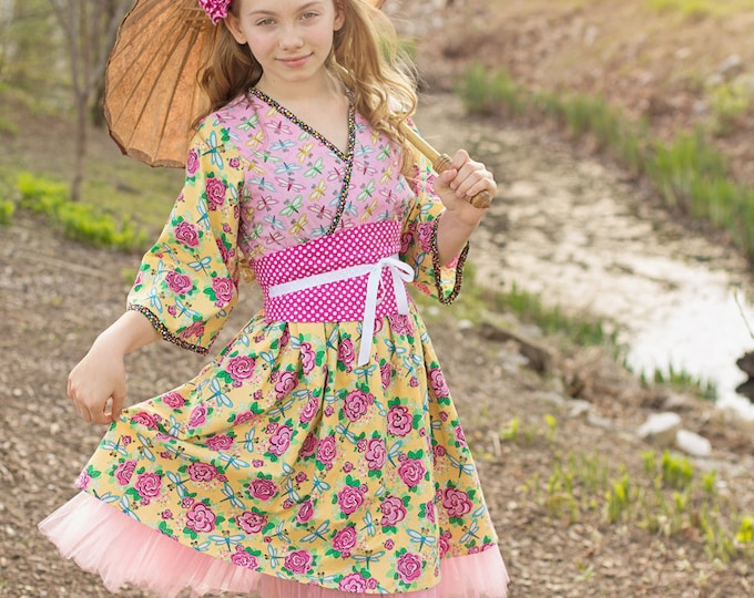Teen Preteen Girls Dresses - Girls Clothes - Tween - Kimono Style Dress - Obi Sash - Handmade in sizes sz 8 to 16 yrs