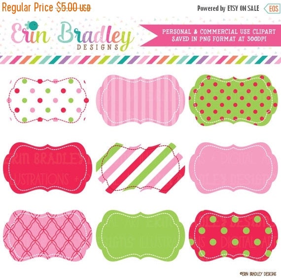80% OFF SALE Commercial Use Christmas Tags Clipart Pink Red Green Polka Dots and Stripes Digital Clip Art Frames Il_570xn