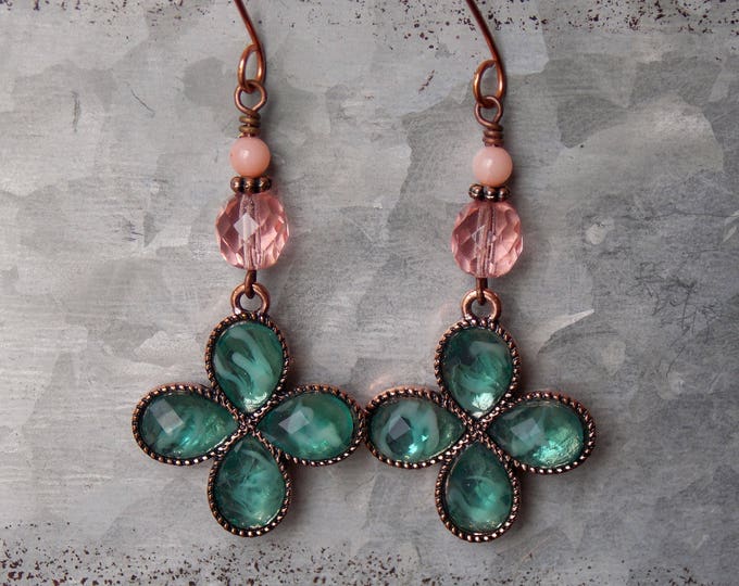 Rose Gold Earrings Pale Pink & Teal Cross Earrings Rose Gold Copper Aqua Blue Spiritual Pastel Long Boho Earrings