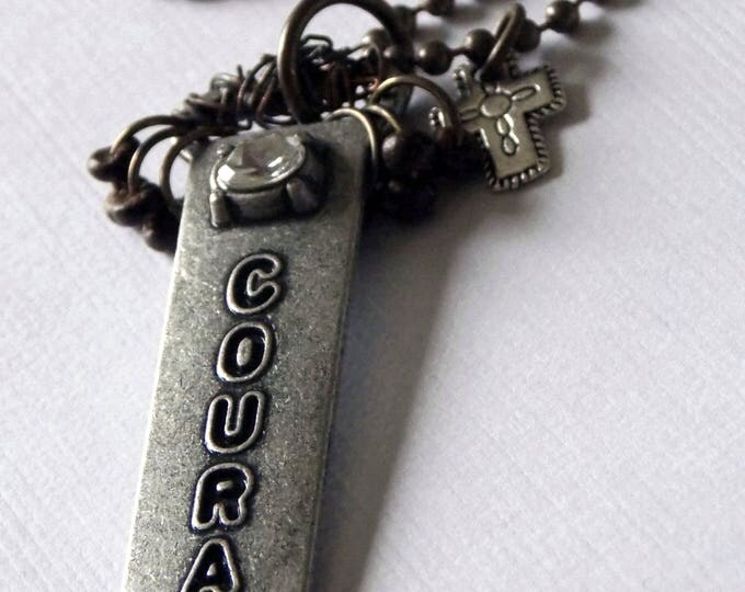 Courage Stamped Pendant Necklace, Antique Silver Necklace, Rhinestone, Dagger Style Necklace, Rustic Woodland Jewelry