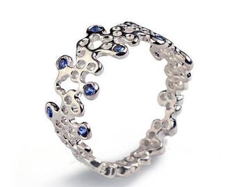 SALE 20% Off - LACE Ring, White Gold Blue Sapphire Wedding Band, Dainty Gold Ring, White Gold Sapphire Ring, White Gold Blue Sapphire Band