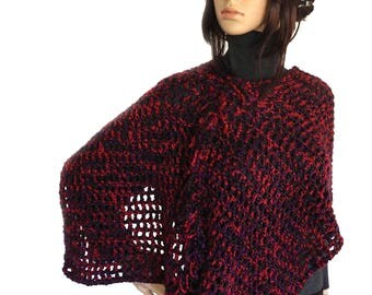 Crochet Poncho, Women's Crochet Poncho, Red, purple & Black Poncho, women's boho poncho, chunky poncho