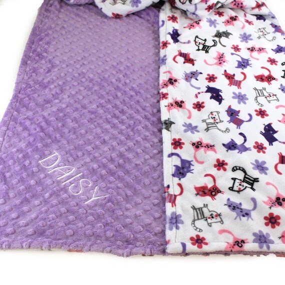 Personalized Baby Blanket, Lilac Cat Minky Baby Blanket Girl / Pink Gray Purple Cats, Receiving Blanket, Baby Gift, Name Blanket Baby Girl