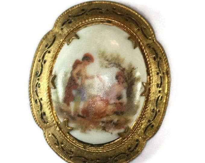 Romantic Courting Couple Porcelain Brooch Cameo Lovers Enameled Frame Vintage