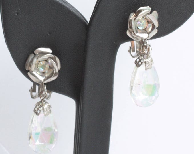 Flower Design Crystal Dangle Earrings Aurora Borealis Vintage Clip On