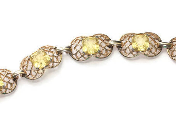 Jonquil Yellow Bracelet Princess Cut Glass Filigree Setting Gold Tone Vintage Signed GAD
