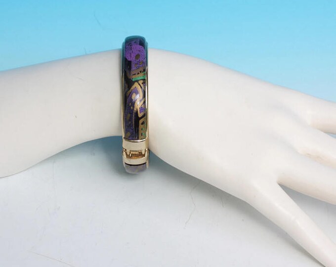 Purple Gold Teal Enameled Bangle Bracelet Hinged Abstract Design Vintage