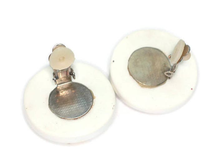 White Lucite Rhinestone Earrings Multi Color Rivoli Stones Large Round Clip Ons