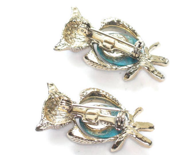 Two Owl Scatter Pins Faux Turquoise Tummy Eyes Gold Tone Vintage Set