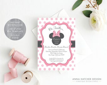 Minnie Mouse Invitation, Editable Birthday Invitation Template, Pink Minnie Mouse Birthday Party DIY Printable, PDF Instant Download BDAY1