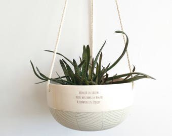 Large ceramic hanging planter - Ceramic plant hanger turquoise and white - Modern hanging planter with french quote