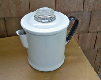 Vintage Serving White Enamel Coffee Pot Percolator Kitchen Collectible