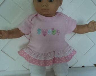 Doll Clothes,  Bitty Baby Girl   4 pc cute Pink  and White Pants dress  outfit  with headband and Leggings