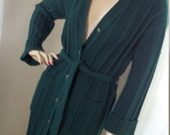 Vintage 1970s Forest Green Rib Knit Cardigan Sweater Coat with Tie Belt Size M
