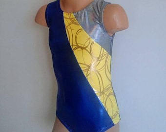 SALE!!! 20% OFF! Girls 5 Ready to ship. Gymnastics Dance Leotard Blue with Yellow Swirly Insert and Keyhole Back.. Dancewear.