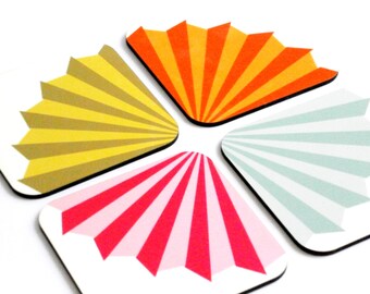 Coaster set,neon bright geometric coasters,wood coasters,printed coaster,designed coaster,set of four coasters,kitchen decor,hostess gift
