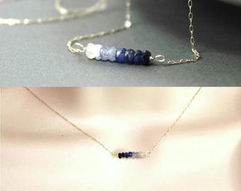 Ombre Sapphire Necklace - Delicate Bead Bar Necklace - Sterling Silver Necklace - Adonia Jewelry