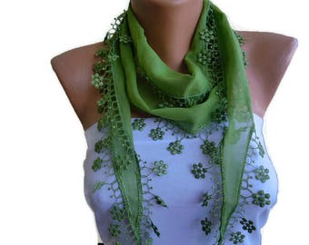 Avocado/Walnut green cotton lace scarf-Green skinny scarf-Buy 3,get 1 free-Scarflette with lace trim-Skinny scarf headband-