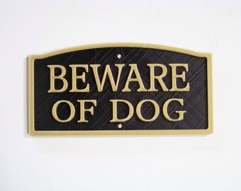 Plastic 3"x 6" Beware of Dog Sign Black with Gold Letters Vintage Styling
