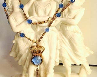 SALE SALE SALE Beautiful Art Deco Gold Crown Blue Crystal Open Back Vintage Necklace