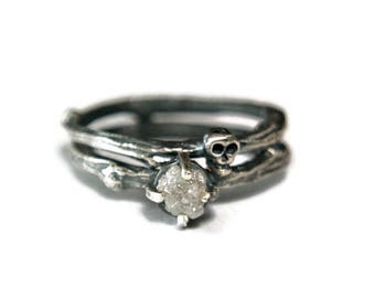 rough white diamond wedding set sterling silver rustic style jewelry till death do us - Skull Wedding Ring Sets rough white diamond wedding set sterling silver rustic style jewelry till death do us - Skull Wedding Ring Sets