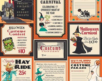 Trick or Treat Halloween Fabric - Penny Rose C5990-Orange - 1 Yard Cut BTY - Retro Halloween Labels Fabric