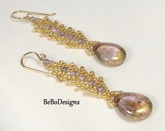 Czech Flat Pear Beaded Earrings-Bead Woven Earrings-Seed Bead Earrings-St Petersburg Stitch Earrings-Amethyst Luster Earrings