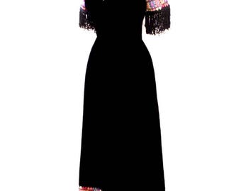Vintage 60s 70s Black Velvet Maxi Dress by Sandine Originals - Boho Chic Black Velvet Maxi Dress with Embroidery and Fringe - Size Large 13