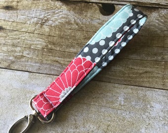 Wristlet Keychain / Fabric Key Fob / Wrist Keyfob with swivel clasp - gray red aqua modern floral dot cotton