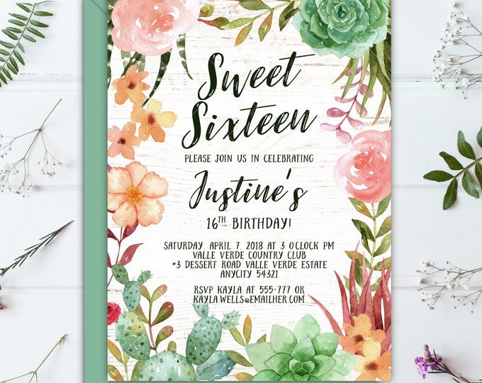 Succulents Cactus Boho Sweet Floral Birthday Sweet Sixteen, 1st 20th 30th 40th 50th 60th 70th Any Age Printable Invitation