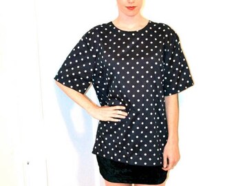 50% OFF SALE 80s Vintage Polka dot shirt Top Black and White Polka Dot Shirt Blouse Size Medium Large