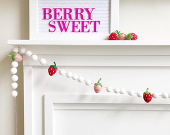 20% off Sale! - Strawberry Themed Felt Ball Garland, Bunting, Banner - White, Pink, and Red - READY TO SHIP!