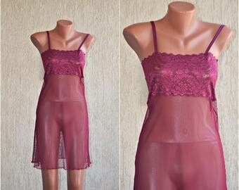 Vintage Short Nightdress, size S-M 36 38 Lace Burgundy Transparent Sexy Night Gown Women Plum Underwear Tank Stratch Summer Slip Wear