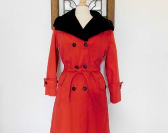Fur Collar Trench Coat Vintage 70s Red Belted Coat - L / XL