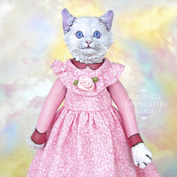 Art Doll OOAK Original White Cat Hand Painted Folk Art