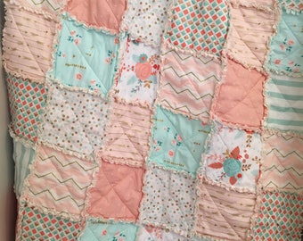 Crib Rag Quilt Baby Girl Crib Bedding Shabby Chic Nursery Gold Mint Peach Nursery