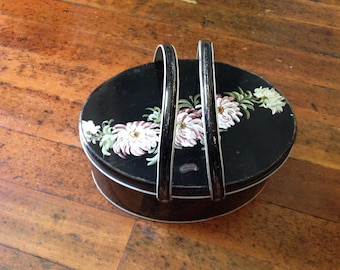 Vintage Black Metal Sewing Tin, Oval Tin with Handles