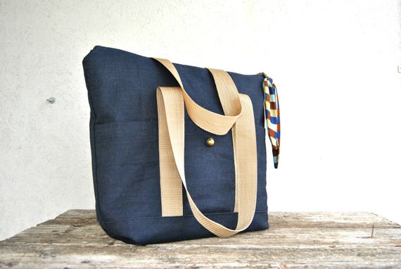 Denim zipper tote bag shoulder large made in dark blue denim