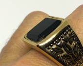 Vintage 1980's Gothic Gold Finished Stainless Steel Black Onyx Genuine Ring