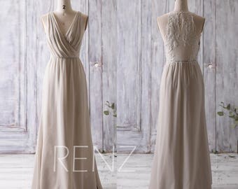 2017 Cream/Beige Bridesmaid Dress Long, Ruched V Neck Wedding Dress, Lace Back Prom Dress, Maxi Dress, Chiffon Evening Dress Floor (L092)