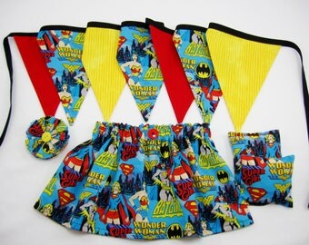 Wonder Woman Birthday Party - Wonder Woman Skirt - Fabric Banner - Fabric Garland - Hair Clip - Party Game - Party Favors - Girl Power