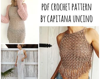 PDF-file for Crochet PATTERN, Minerva Crochet Tunic Dress, 3 different Sizes: xs-xxl, Beach Cover up, top, fringes