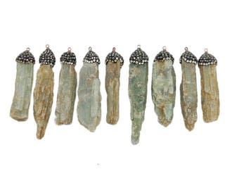 Green Kyanite Pendant - Kyanite Freeform Bar with Rhinestone Cap and - Copper Toned Bail (S127B8-05)